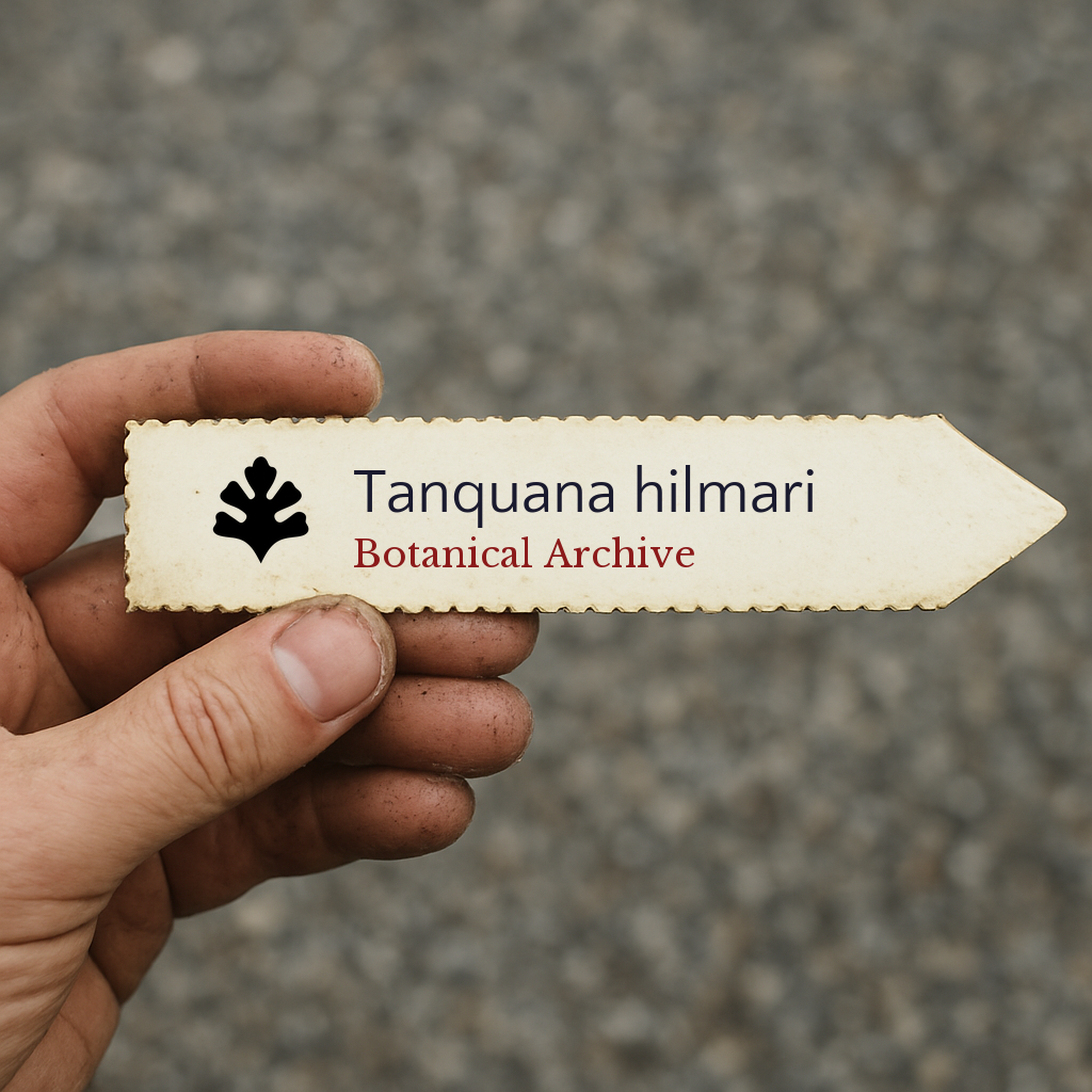 Printed plant label for Tanquana hilmari held by hand with dirt background