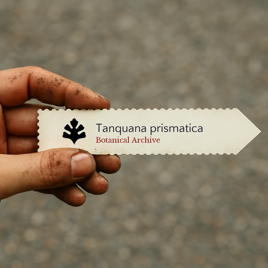 Printed plant label for Tanquana prismatica held by dirty hand outdoors