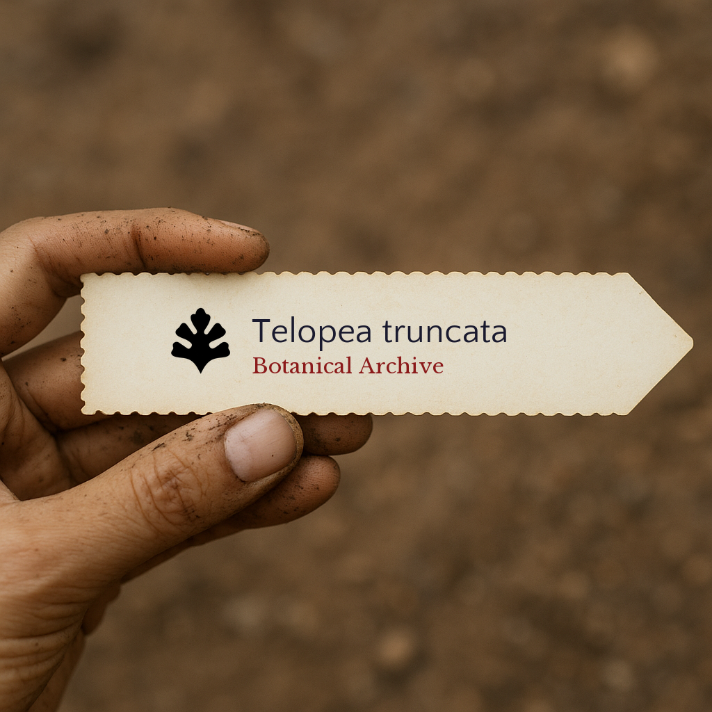 Printed plant label for Telopea truncata held by a dirt-covered hand against soil background