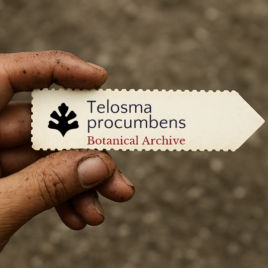 Printed plant label for Telosma procumbens held by dirty hand outdoors