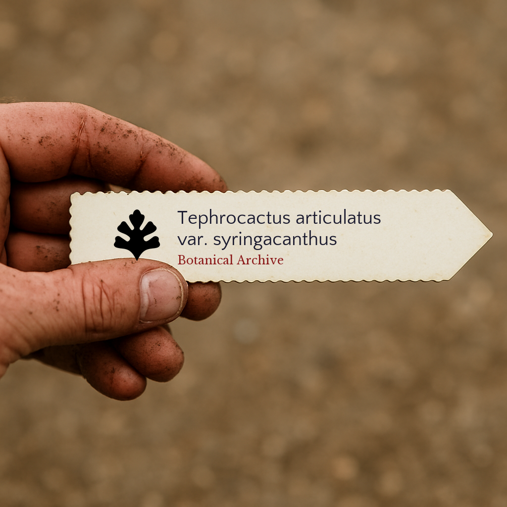Printed plant label for Tephrocactus articulatus var. syringacanthus held in hand with soil background