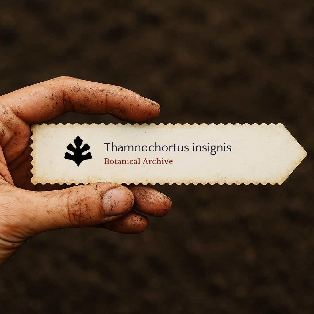 Printed plant label for Thamnochortus insignis held by dirty hand over soil background