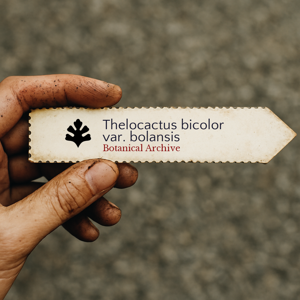 Etichetta per pianta stampata per Thelocactus bicolor var. bolansis tenuta da mano sporca all'aperto