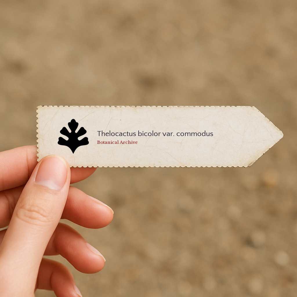 Printed plant label for Thelocactus bicolor var. commodus held by hand with beige background