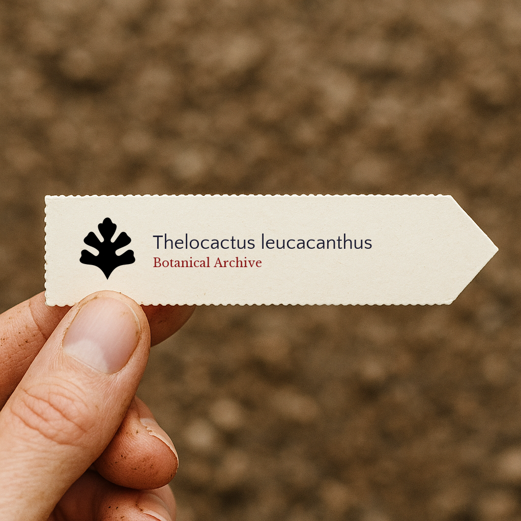 Etichetta per pianta stampata per Thelocactus leucacanthus con il logo Botanical Archive tenuta a mano