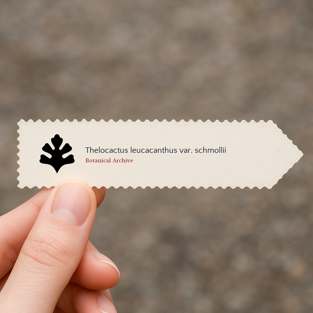 Printed plant label for Thelocactus leucacanthus var. schmollii held by hand
