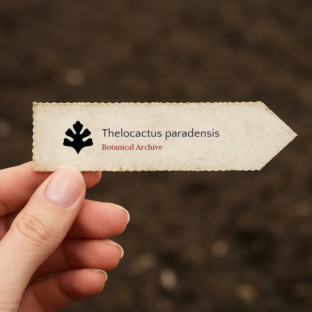 Printed plant label for Thelocactus paradensis held against soil background