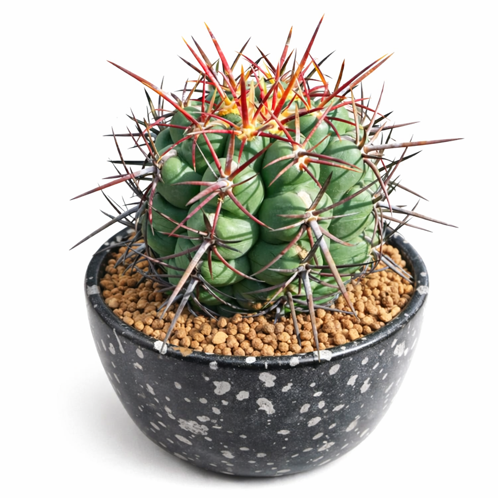 Thelocactus heterochromus var. longispinus green cactus with long red and brown spines in black speckled pot