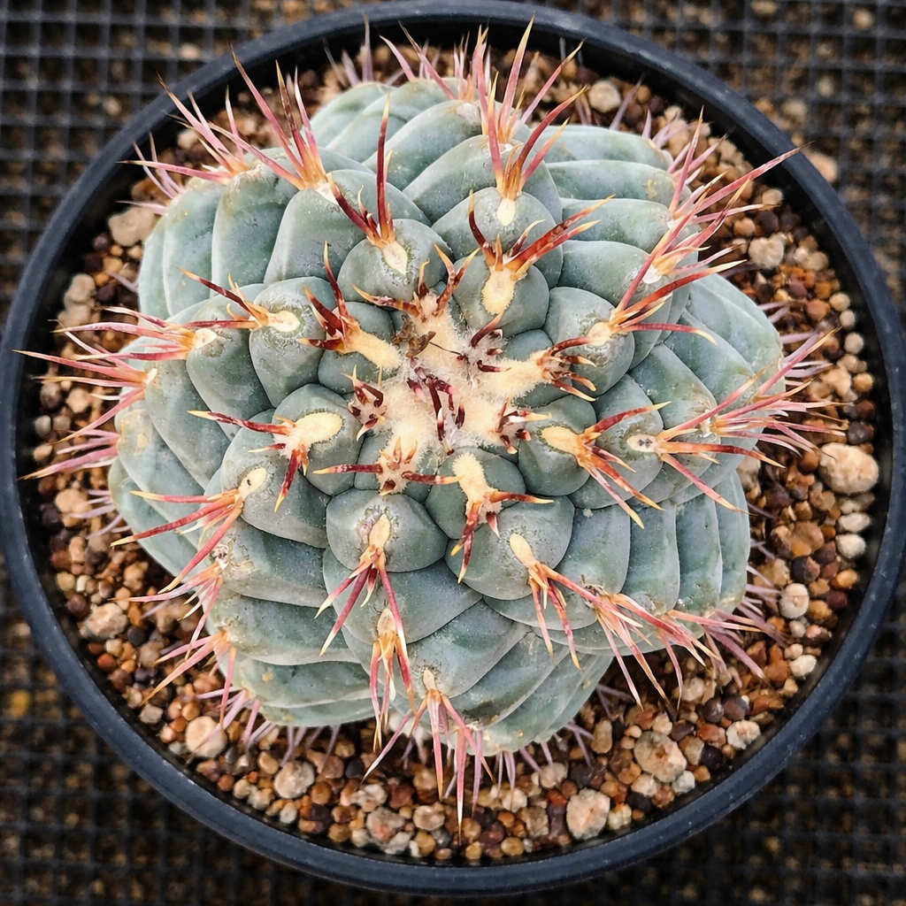 Thelocactus lloydii cactus with blue-green body and long reddish spines in black pot