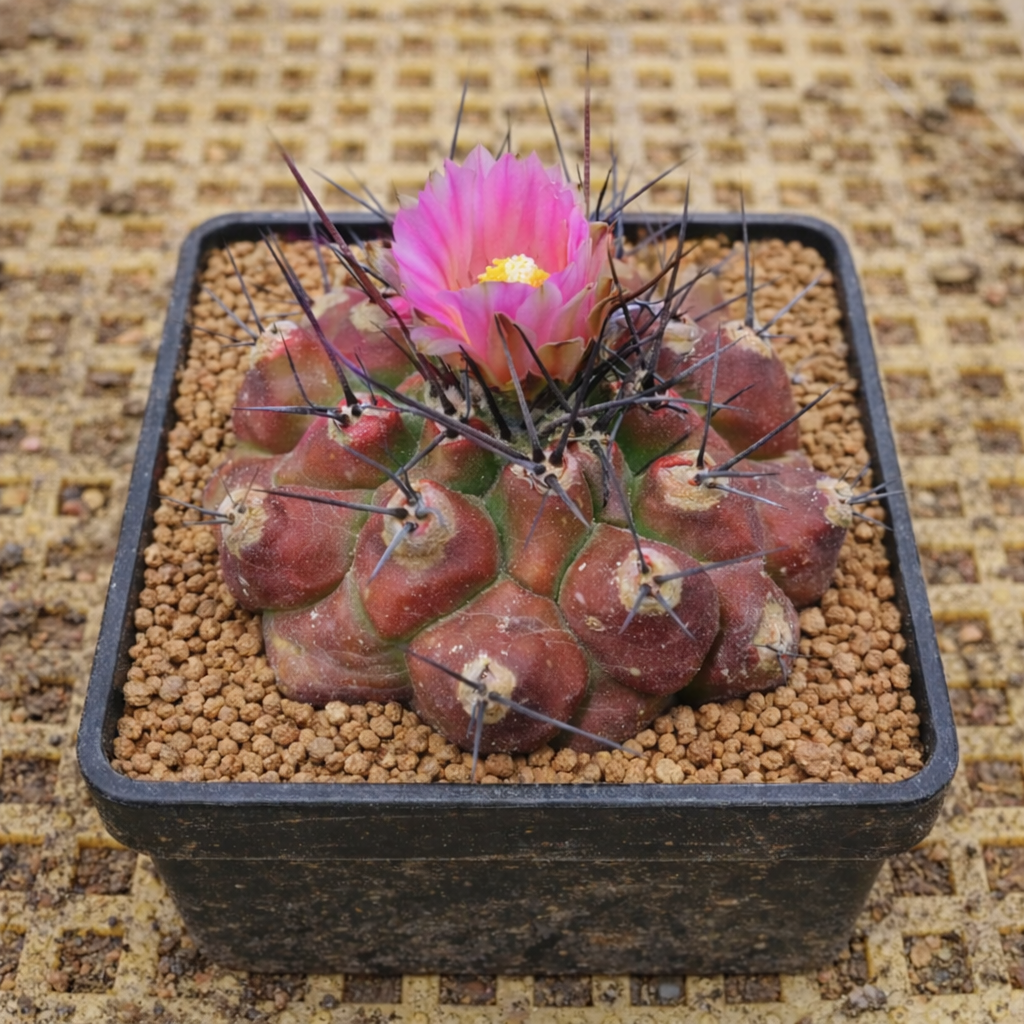 Thelocactus mirandus succulent cactus with dark spines and pink flower in black pot