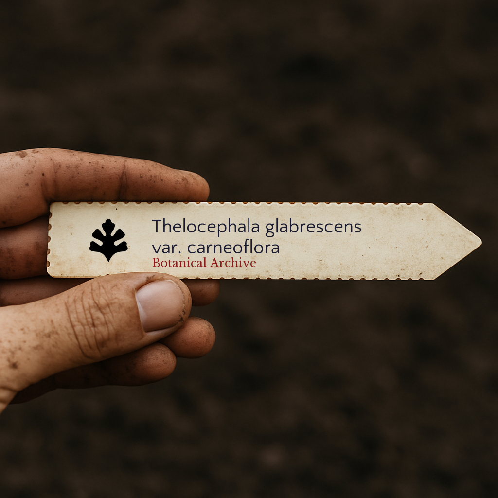 Printed plant label for Thelocephala glabrescens var. carneoflora held in dirt-covered hand