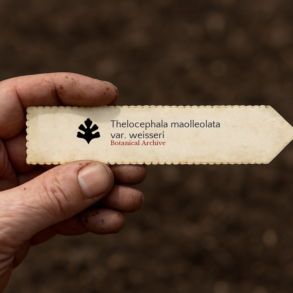 Printed plant label for Thelocephala maolleolata var. weisseri held over soil background