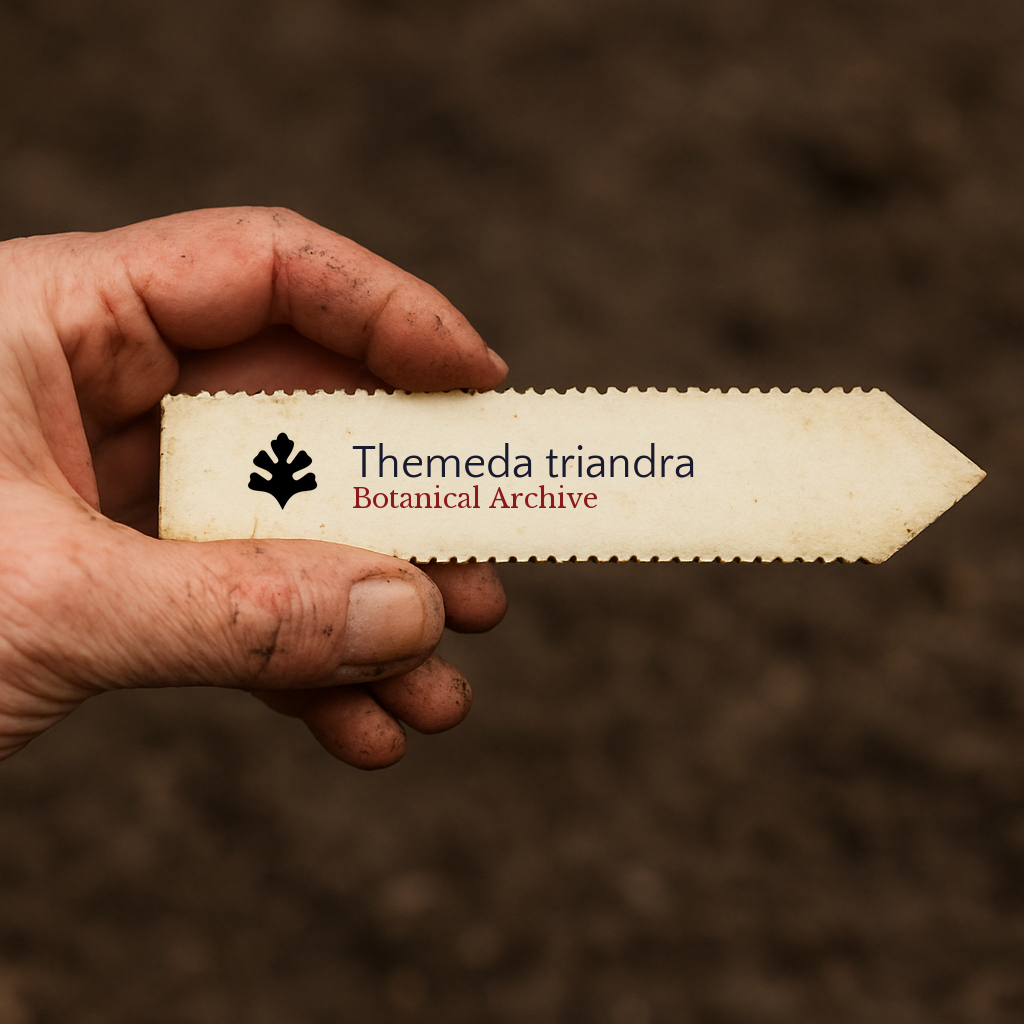 Etichetta stampata per pianta di Themeda triandra tenuta da una mano sporca su sfondo di terreno