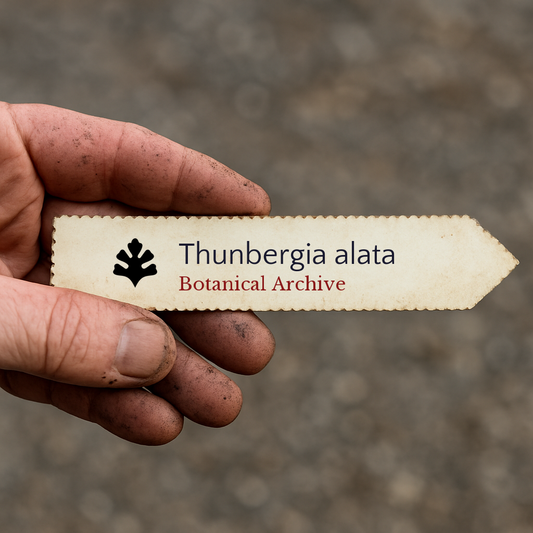 Etichetta per pianta stampata per Thunbergia alata tenuta da una mano sporca con forma a freccia