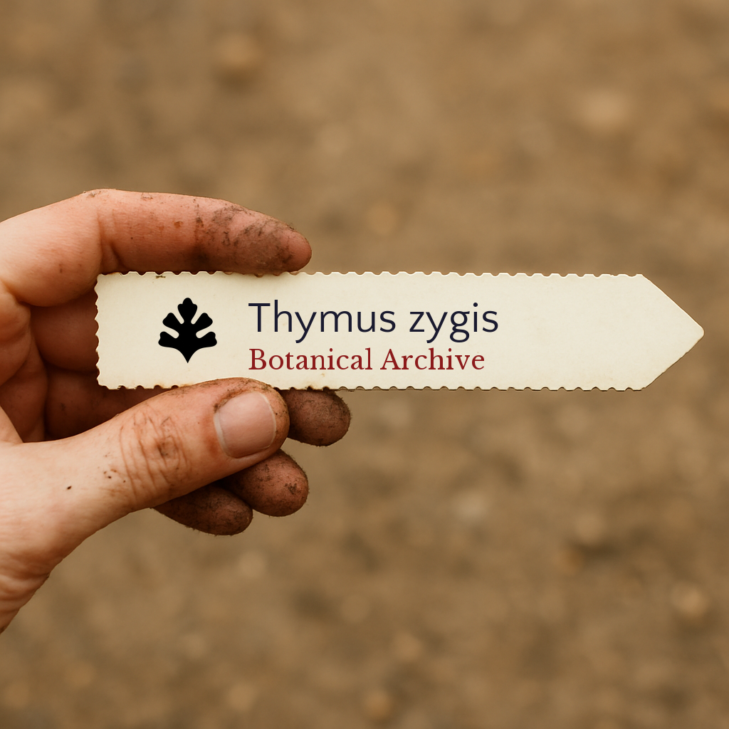 Printed plant label for Thymus zygis held by dirty hand with soil background