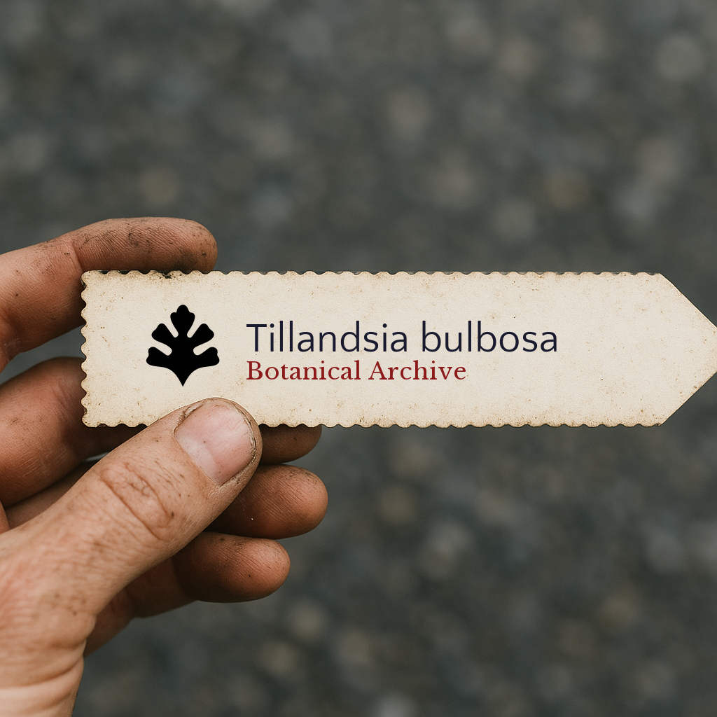 Printed plant label for Tillandsia bulbosa with botanical archive logo held by hand