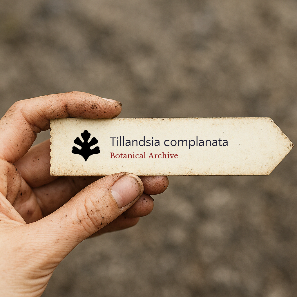 Printed plant label for Tillandsia complanata held by hand with soil background