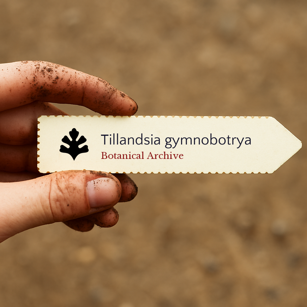 Printed plant label for Tillandsia gymnobotrya held by dirty hand outdoors