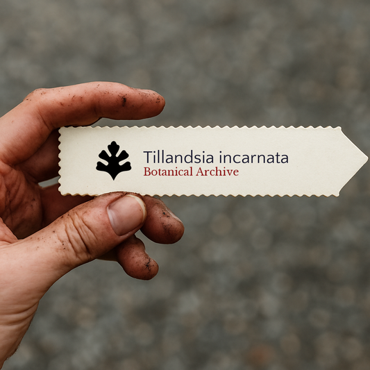 Printed plant label for Tillandsia incarnata held by dirty hand outdoors