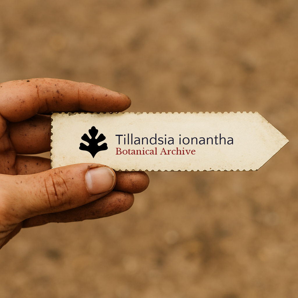 Etichetta stampata per pianta di Tillandsia ionantha tenuta da mano sporca su sfondo di terreno
