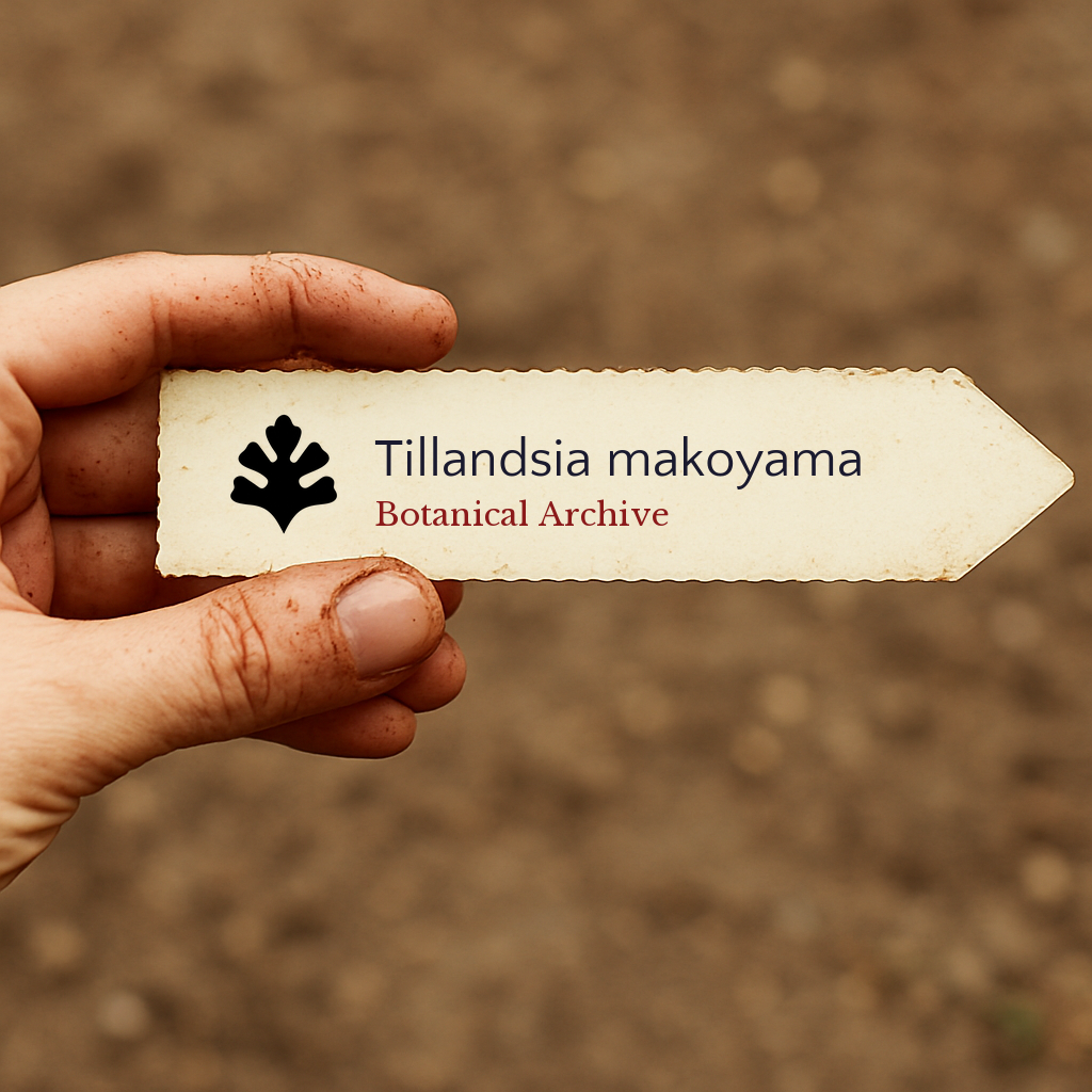 Etichetta stampata per pianta di Tillandsia makoyama tenuta a mano con sfondo di terra