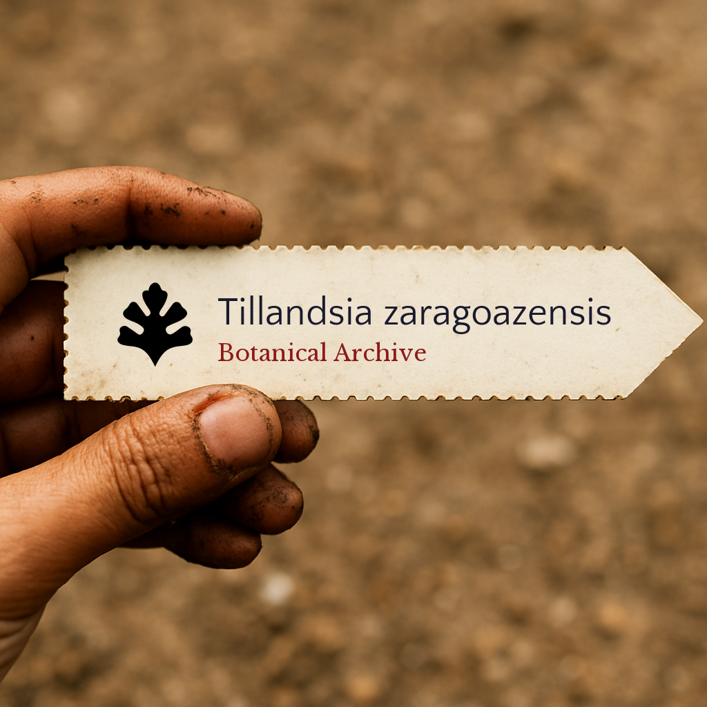 Etichetta stampata per pianta di Tillandsia zaragoazensis tenuta da mano sporca all'aperto