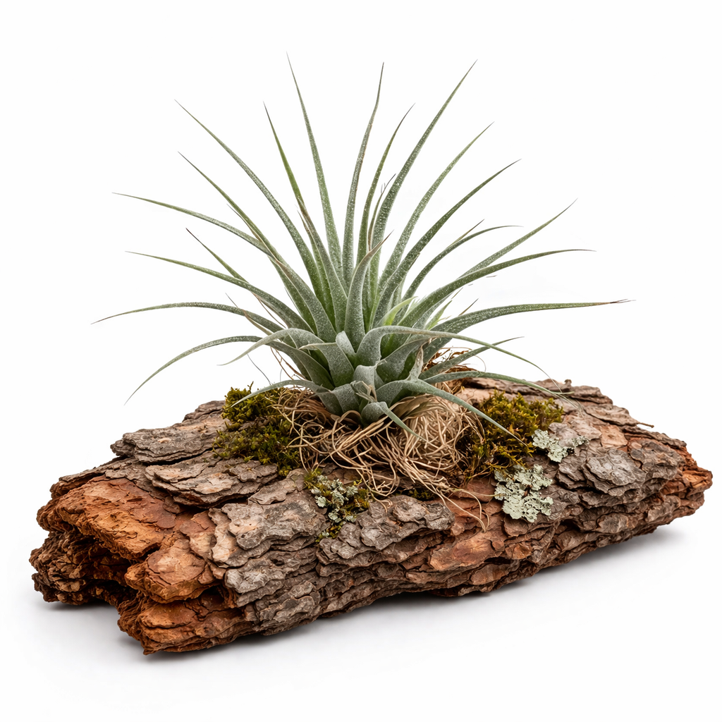 Pianta aerea Tillandsia ionantha con foglie spinose verde-grigio montata su corteccia testurizzata con tocchi di muschio