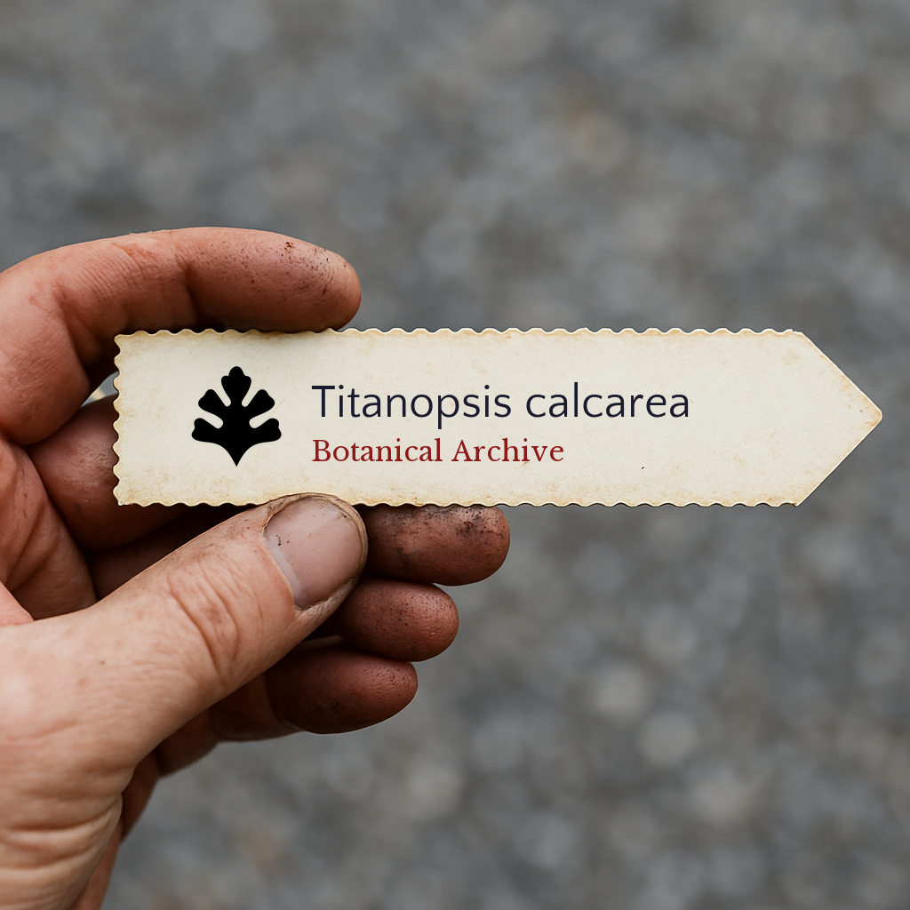 Etichetta per pianta stampata per Titanopsis calcarea tenuta a mano con terra sulle dita