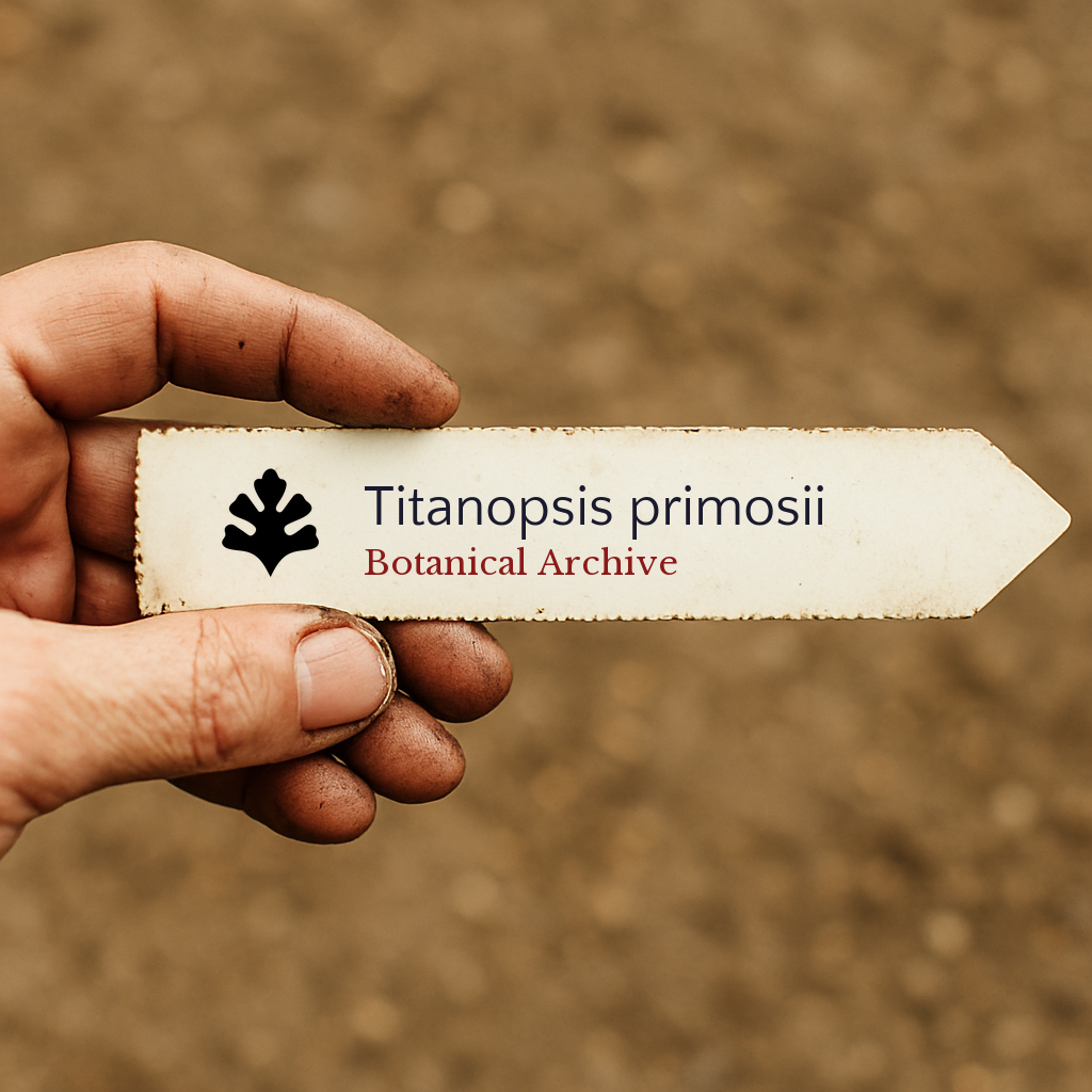 Etichetta stampata per pianta di Titanopsis primosii tenuta a mano con sfondo di terra