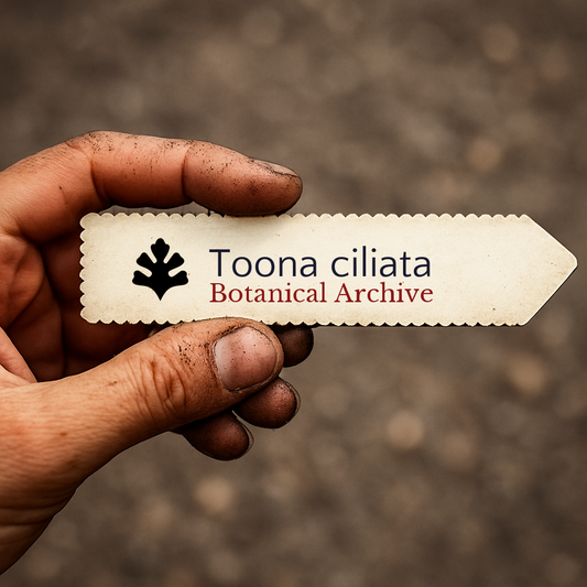 Printed plant label for Toona ciliata held by dirty hand with blurred soil background