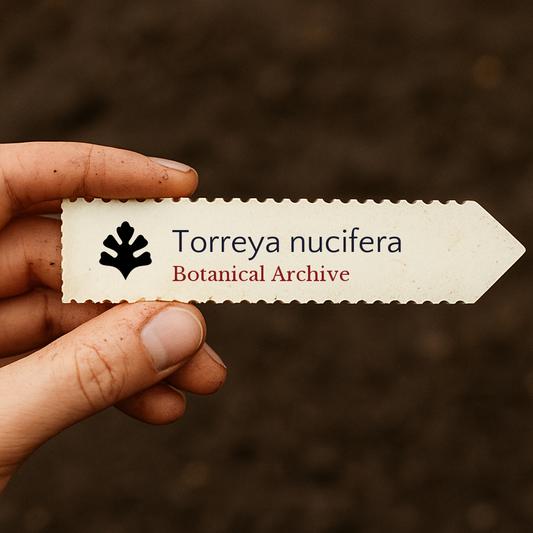 Printed plant label for Torreya nucifera with botanical archive logo on textured paper