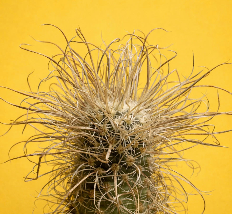 Cactus Toumeya papyracantha con lunghe spine ricurve su sfondo giallo