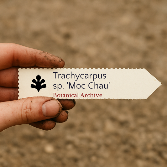 Printed plant label for Trachycarpus sp. 'Moc Chau' held by dirty hand outdoors