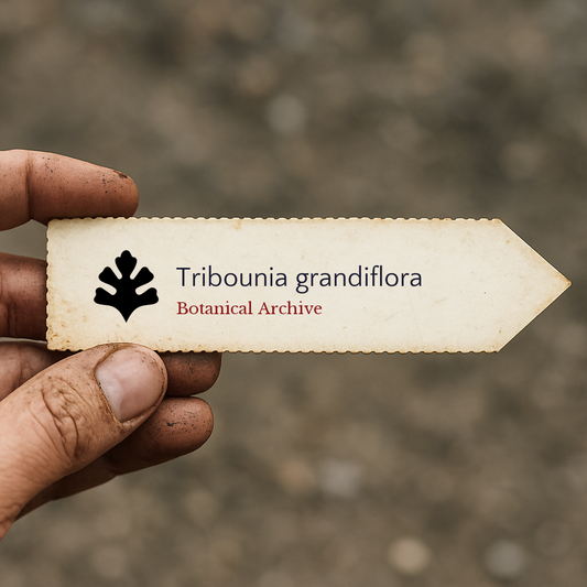 Printed plant label for Tribounia grandiflora with botanical archive logo held by hand