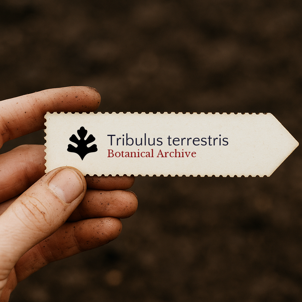Printed plant label for Tribulus terrestris held by hand with soil background
