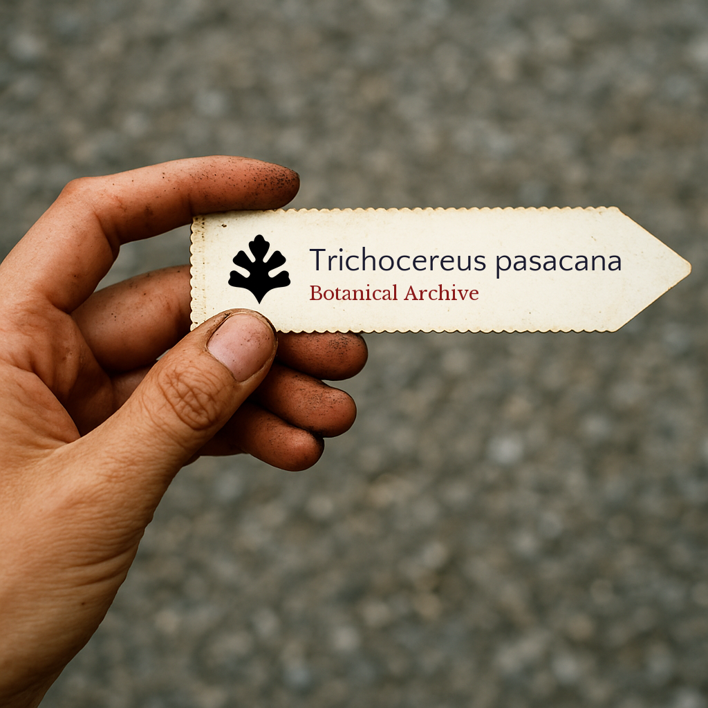 Printed plant label for Trichocereus pasacana held by dirty hand against blurred background