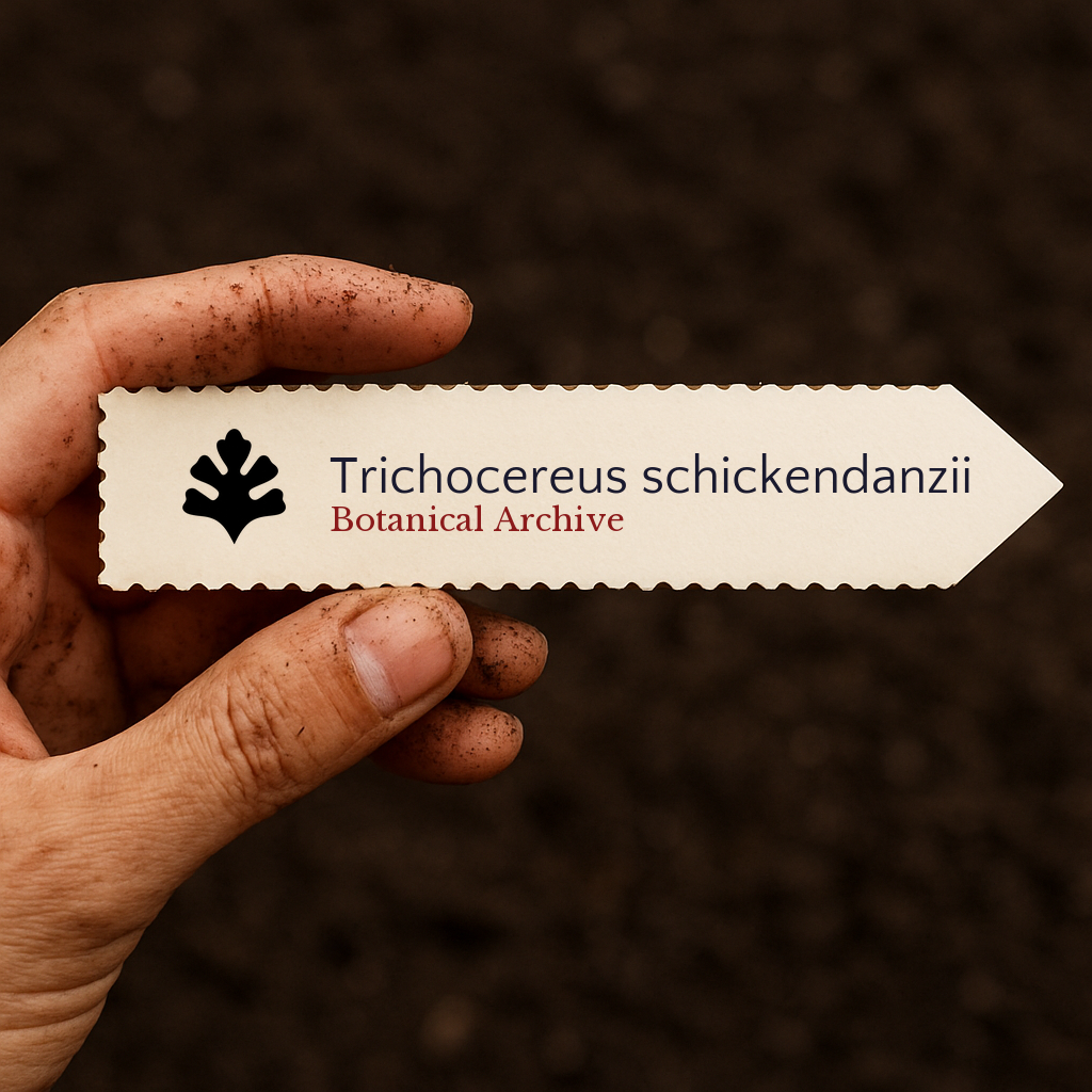Etichetta per pianta stampata per Trichocereus schickendanzii tenuta a mano con sfondo di terra