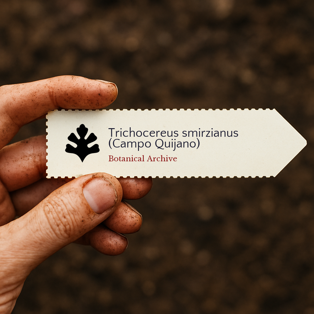 Printed plant label for Trichocereus smirzianus (Campo Quijano) held by dirty hand