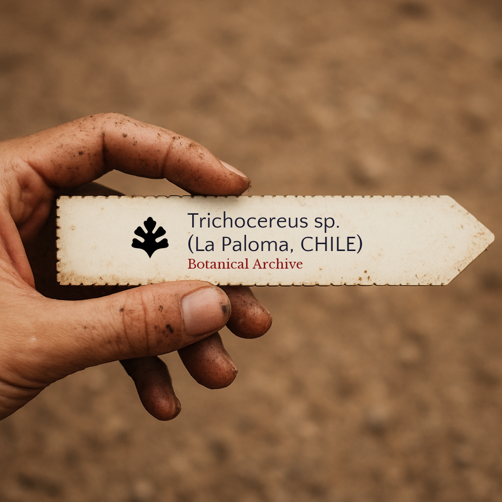 Handheld printed plant label for Trichocereus sp. with rustic background and dirty fingers