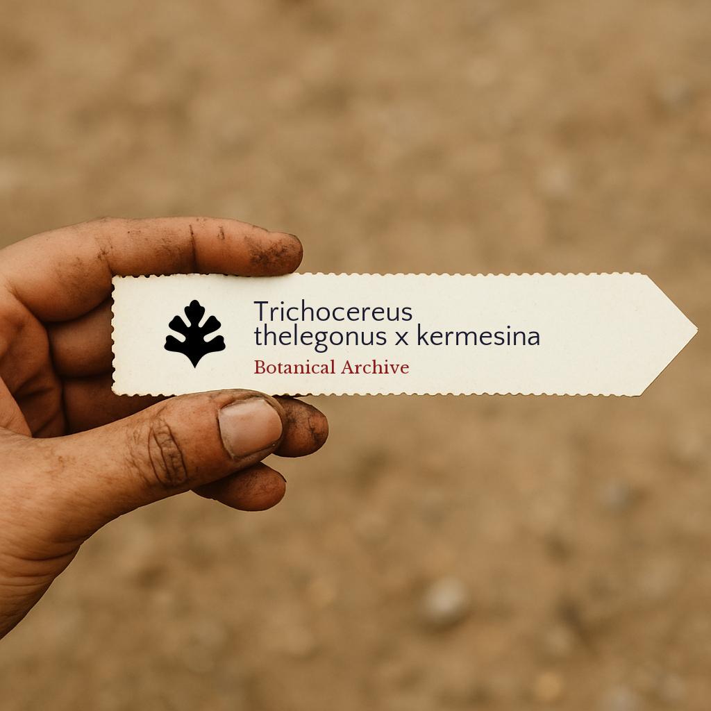 Printed plant label for Trichocereus thelegonus x kermesina held by dirty hand outdoors