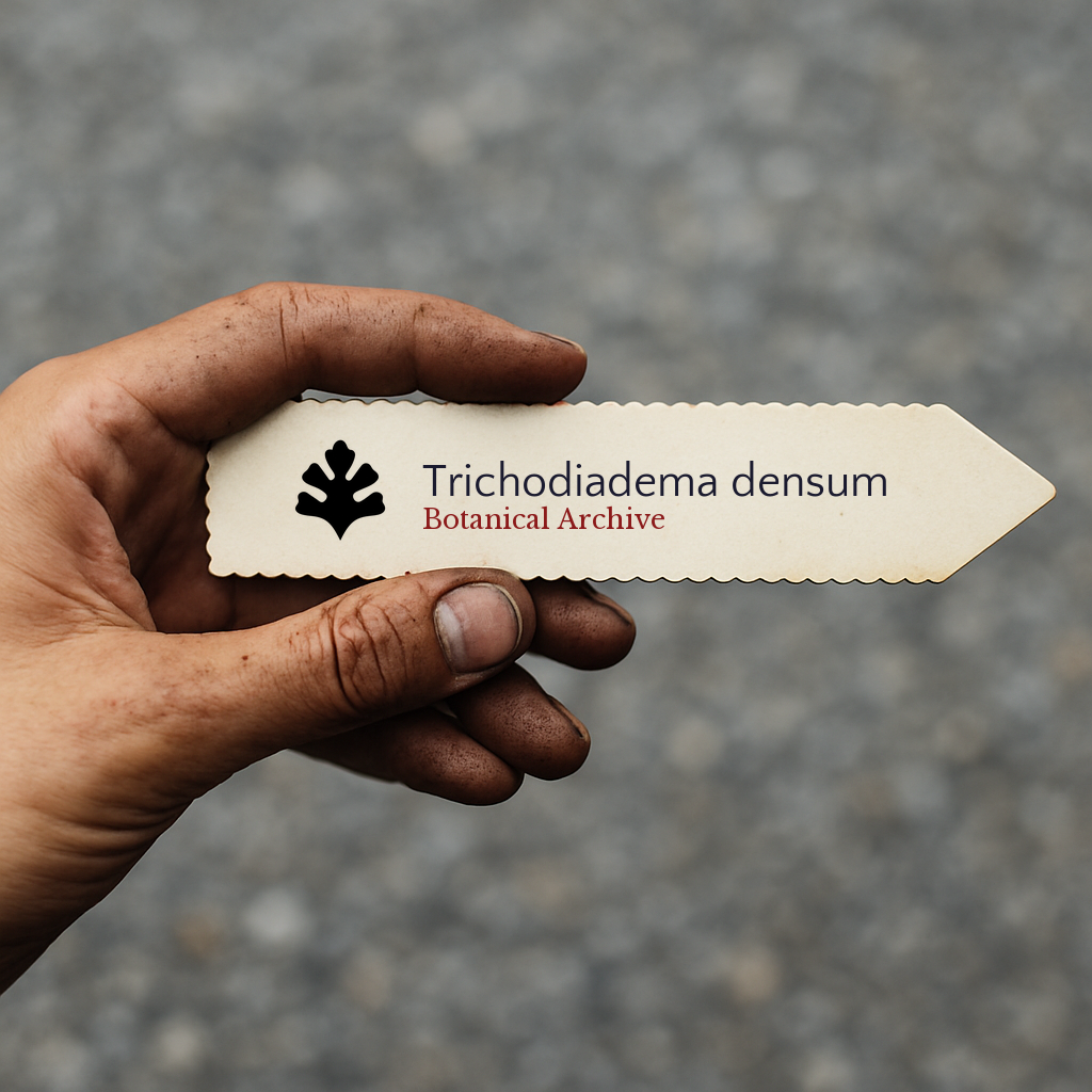 Printed plant label for Trichodiadema densum held by hand with dirt background