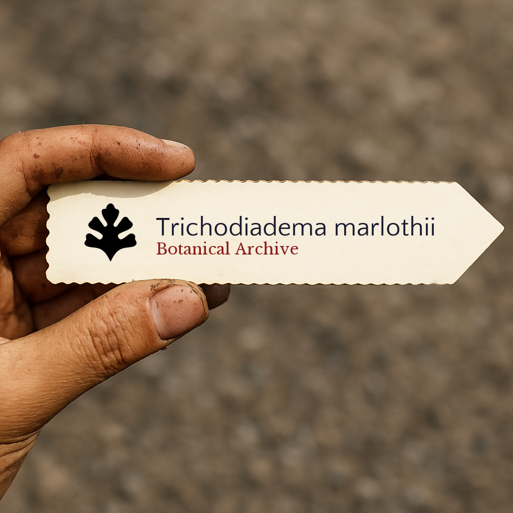 Etichetta stampata per pianta di Trichodiadema marlothii tenuta a mano con sfondo di terra