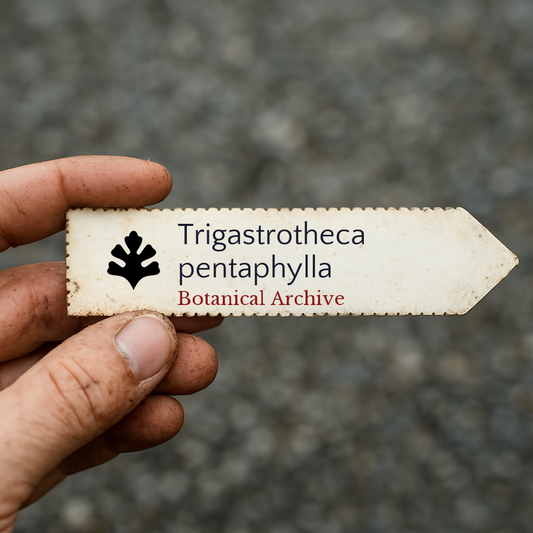 Printed plant label for Trigastrotheca pentaphylla held by hand with dirt background