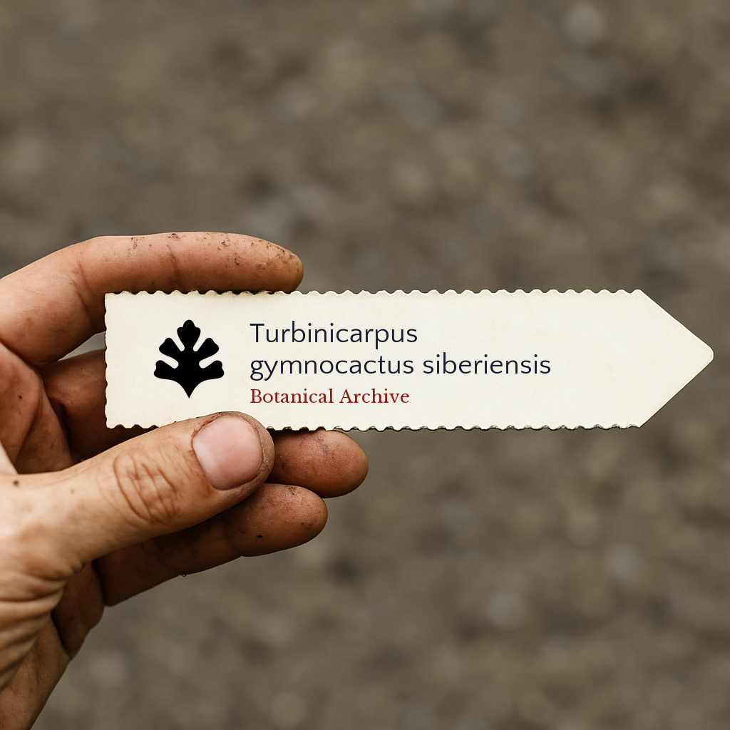 Printed plant label for Turbinicarpus gymnocactus siberiensis held by hand with soil background