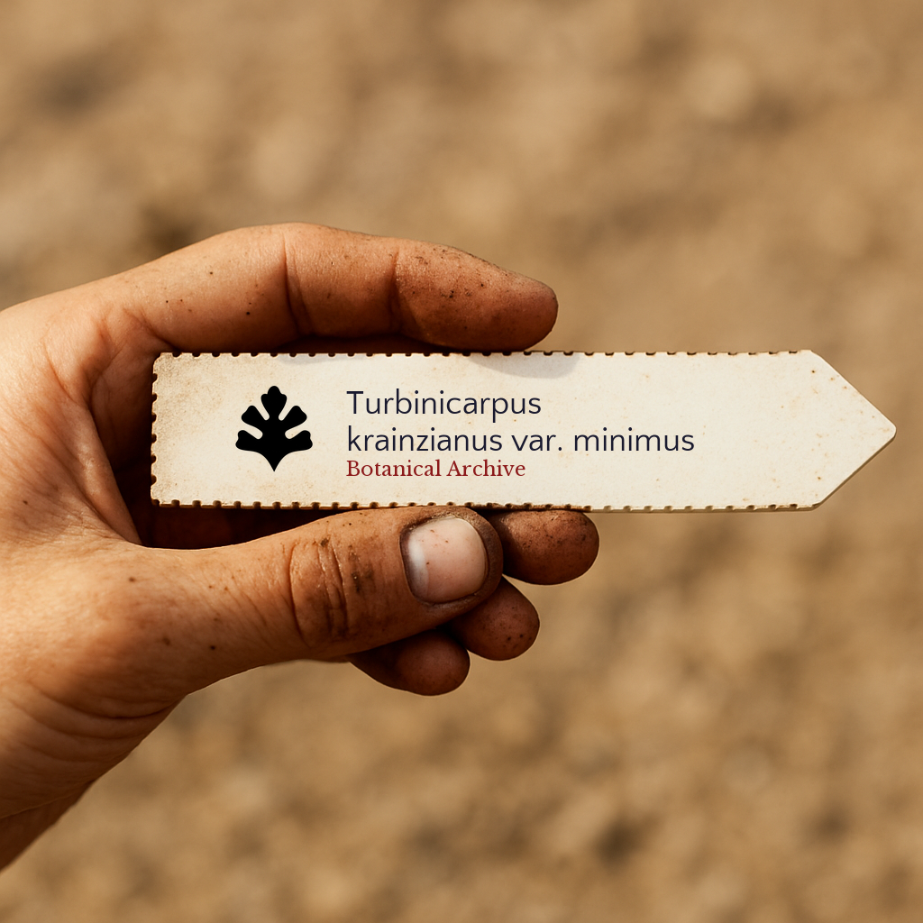Printed plant label for Turbinicarpus krainzianus var. minimus held in dirty hand outdoors