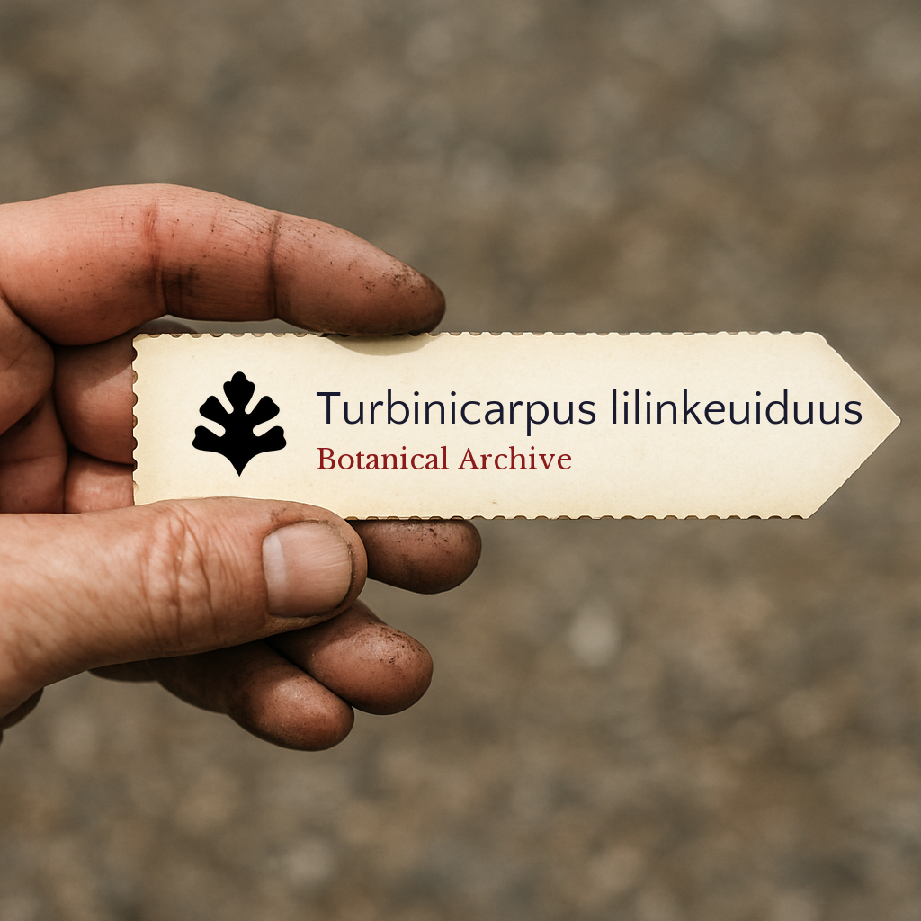 Printed plant label for Turbinicarpus lilinkeuiduus held by dirty hand