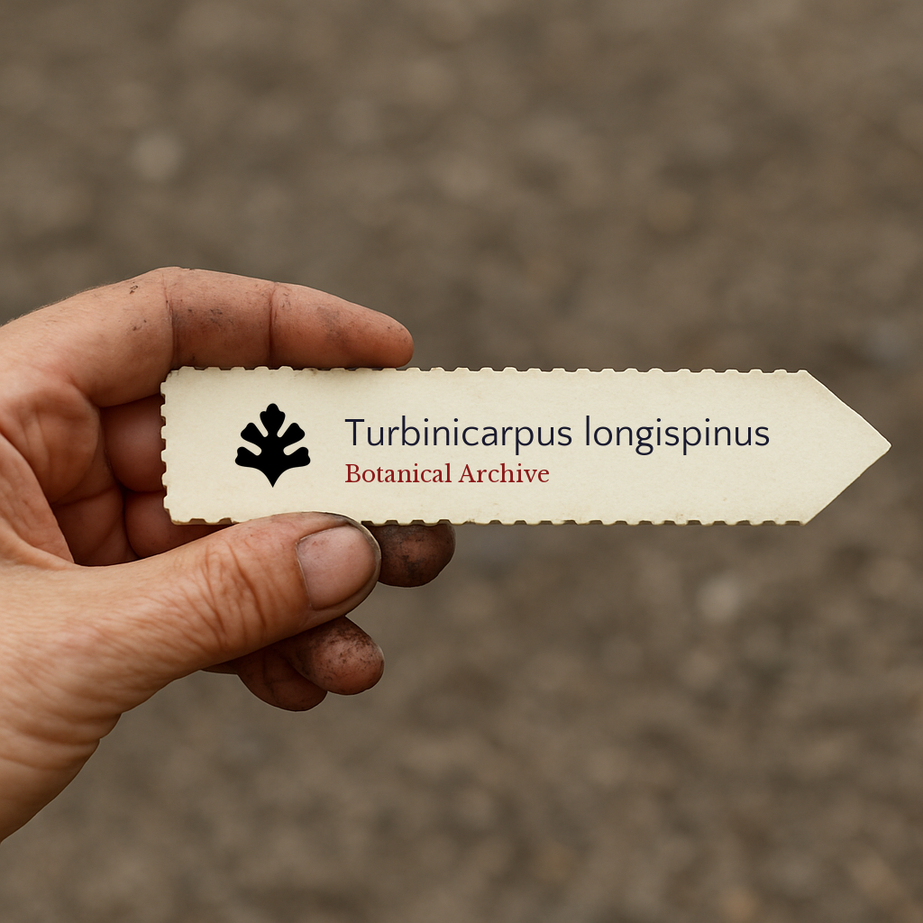 Printed plant label for Turbinicarpus longispinus held by hand with soil background