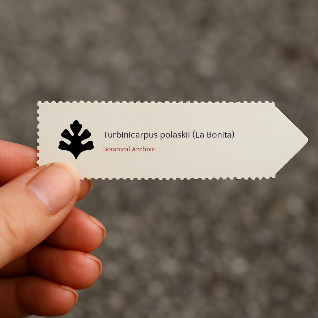 Printed plant label for Turbinicarpus polaskii (La Bonita) held by hand on textured background