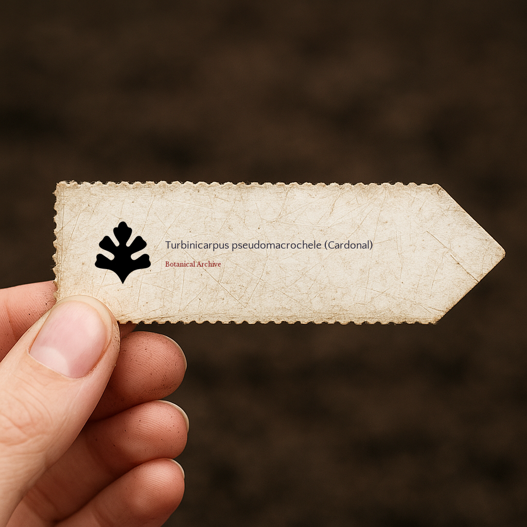 Printed plant label for Turbinicarpus pseudomacrochele (Cardonal) held by hand with soil background