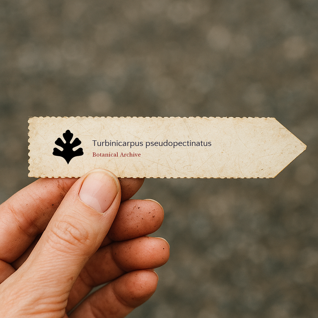 Printed plant label for Turbinicarpus pseudopectinatus held by hand with soil dirt